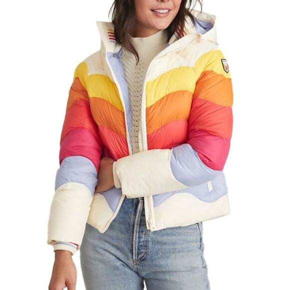 Marine Layer NEW ML X LF Apres Puffer Antique White Mullti Colorblock Size XS - Picture 2 of 15